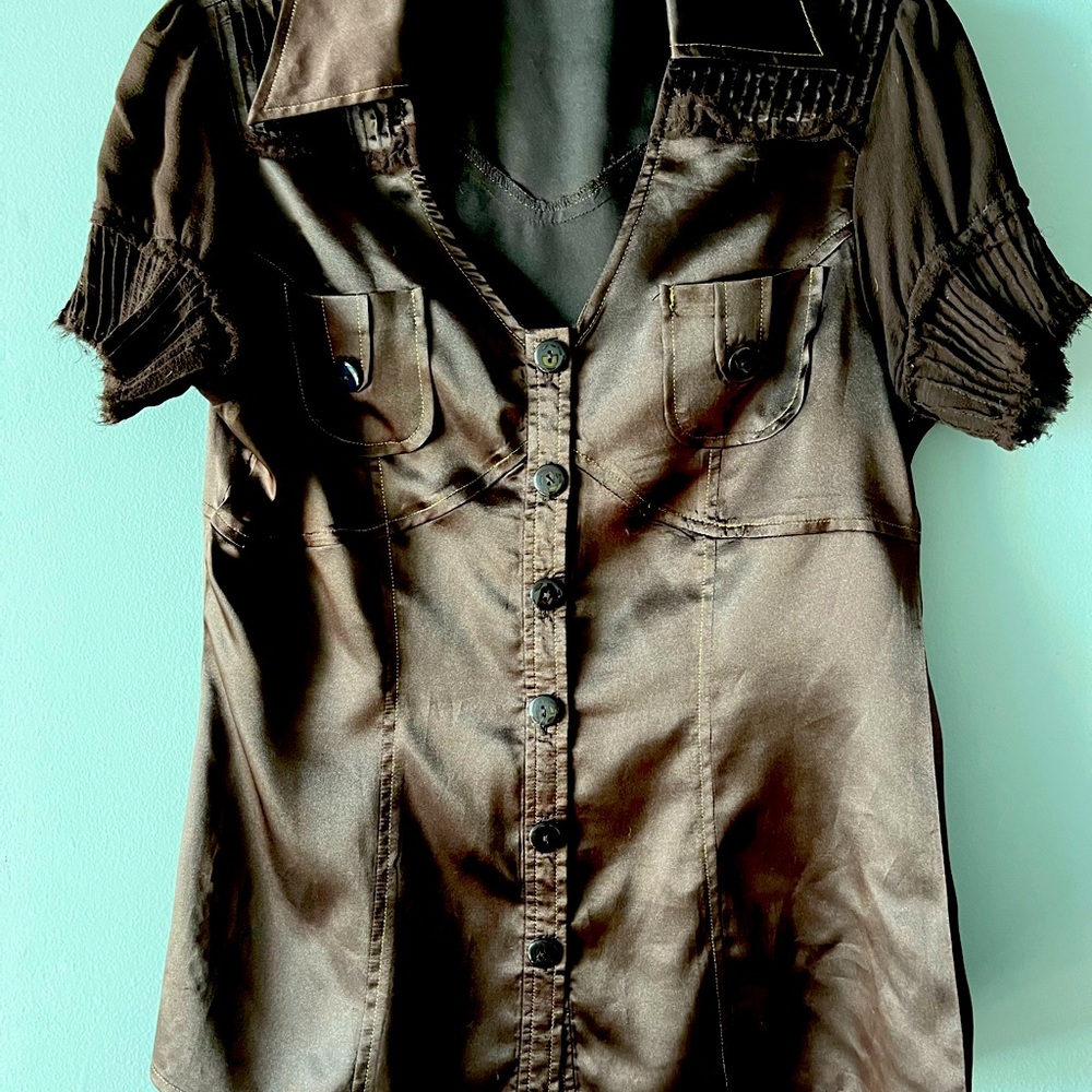 Brown Satin Short Sleeve Blouse